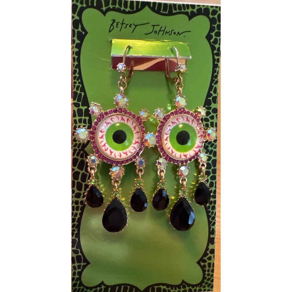 Betsey Johnson Green Eyeball Crystal Drop Earrings Halloween Spooky